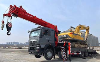 Boom truck crane transport vehicle for heavy lifting and hoisting transportation